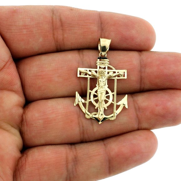 Real 10K Yellow Gold Anchor Cross Pendant - Picture 1 of 6